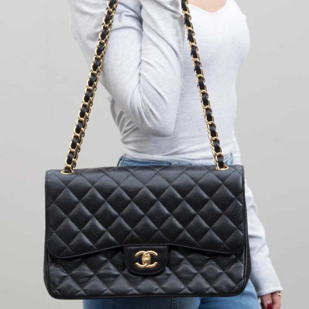 Chanel Quilted Caviar Double Flap Jumbo Shoulder Bag