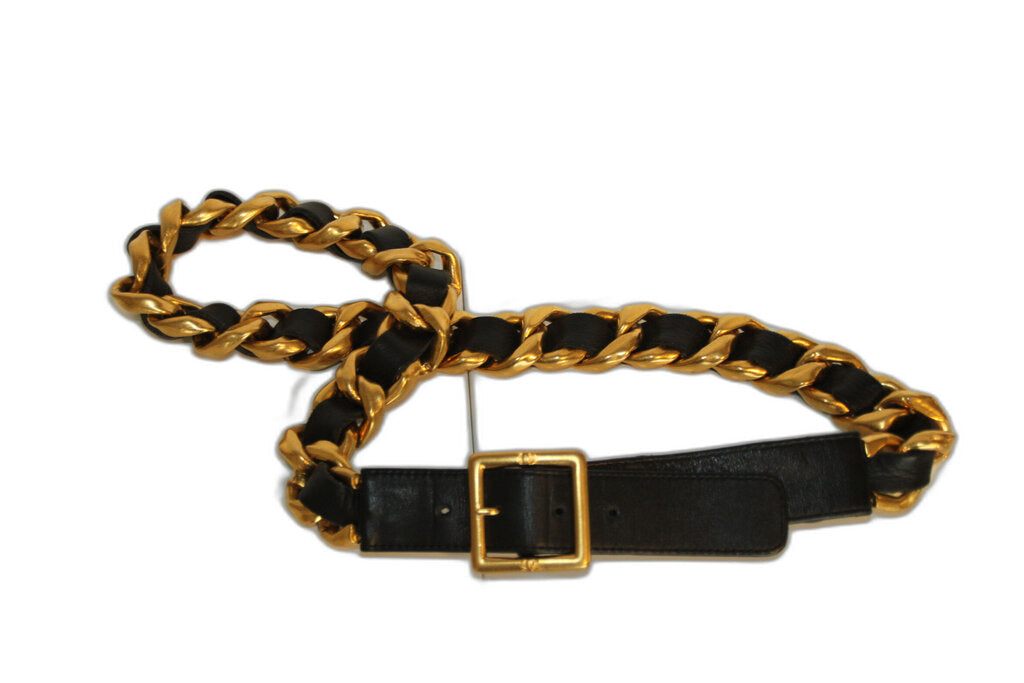 Vintage Chanel Black Leather & Gold-Toned Metal Belt
