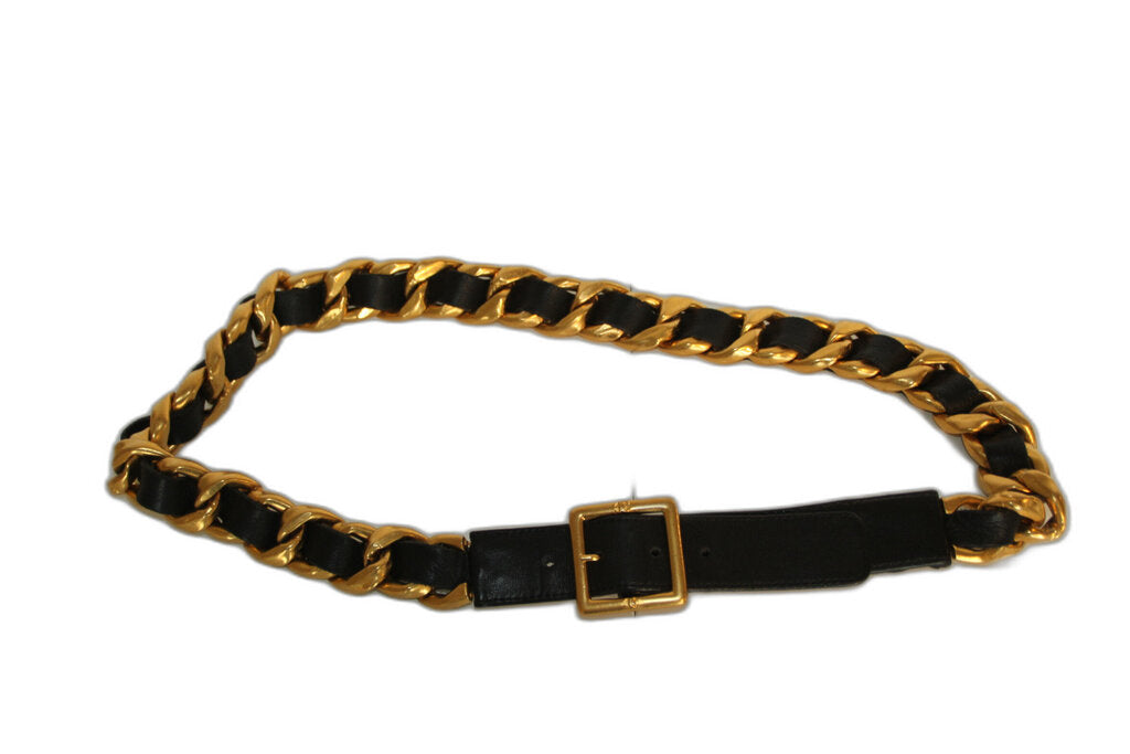 Vintage Chanel Black Leather & Gold-Toned Metal Belt