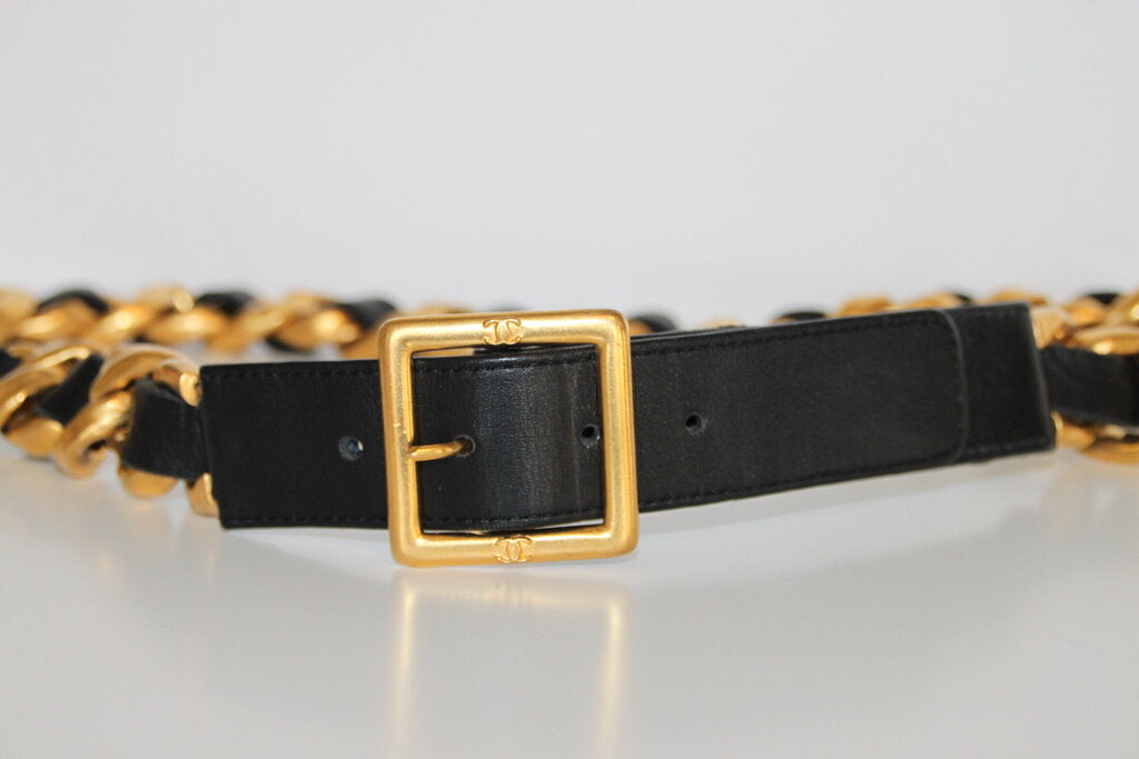 Vintage Chanel Black Leather & Gold-Toned Metal Belt