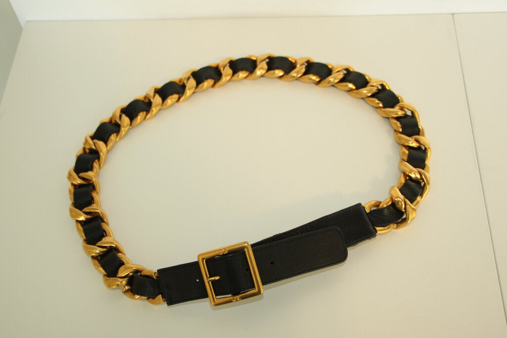 Vintage Chanel Black Leather & Gold-Toned Metal Belt