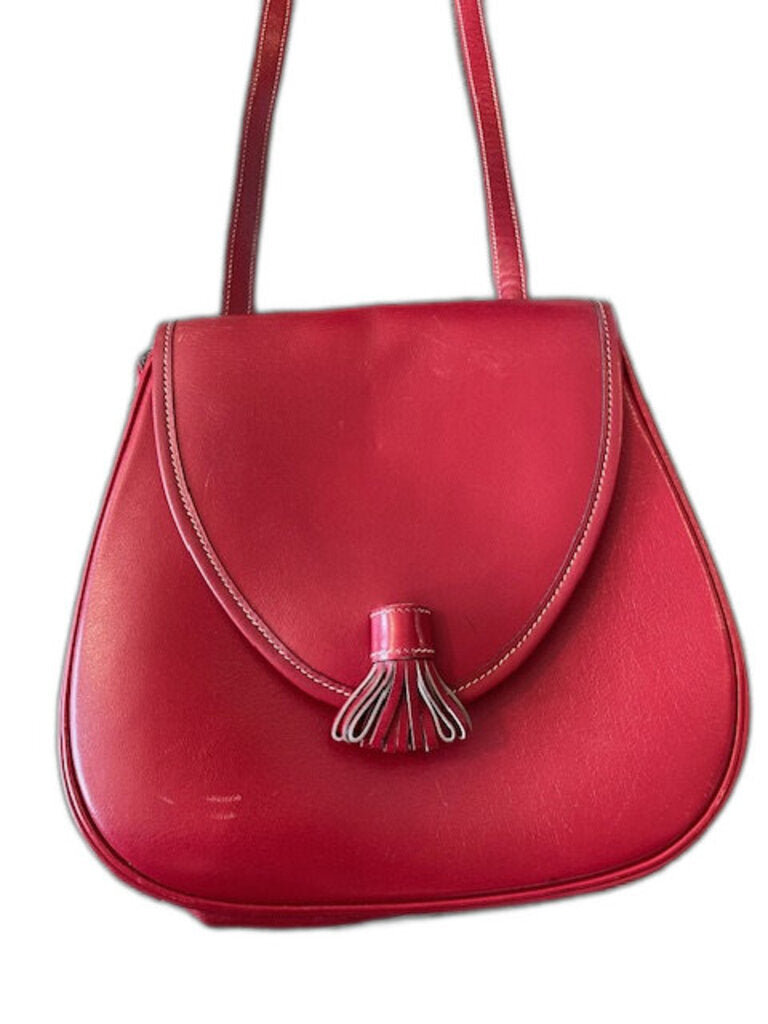 Hermes Vintage Red Box Calf Tassel Flap Shoulder Bag