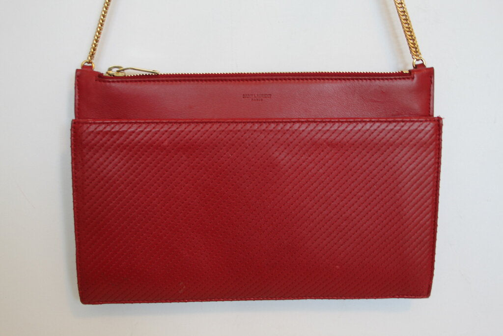 Saint Laurent Red Leather Pouch with Gold-Tone Chain Strap