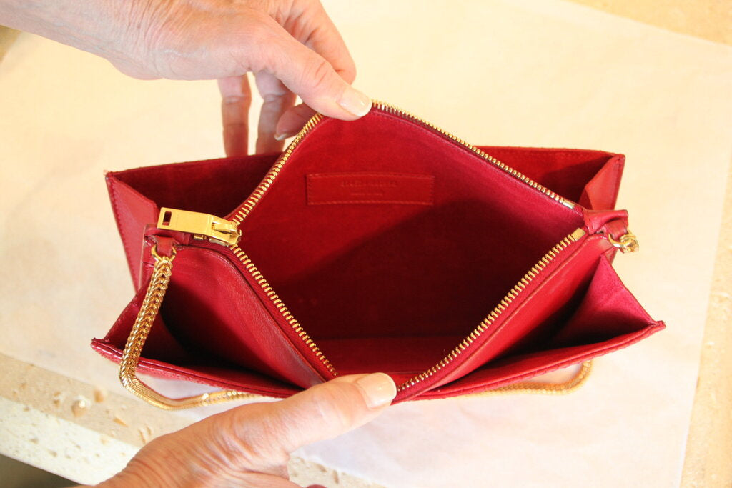 Saint Laurent Red Leather Pouch with Gold-Tone Chain Strap