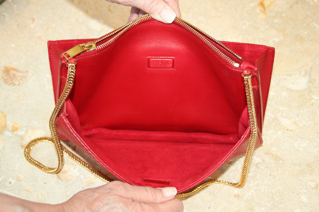 Saint Laurent Red Leather Pouch with Gold-Tone Chain Strap