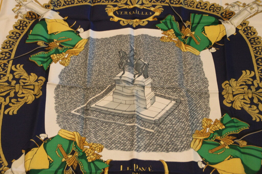 Hermes Dk Blue Pave Du Roy Vintage Silk Scarf- 90cm