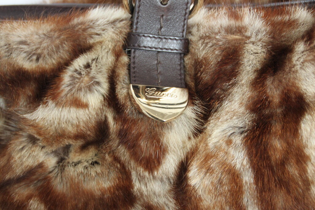 Gucci Large Signoria Brown Leather Rabbit Fur Tote Bag
