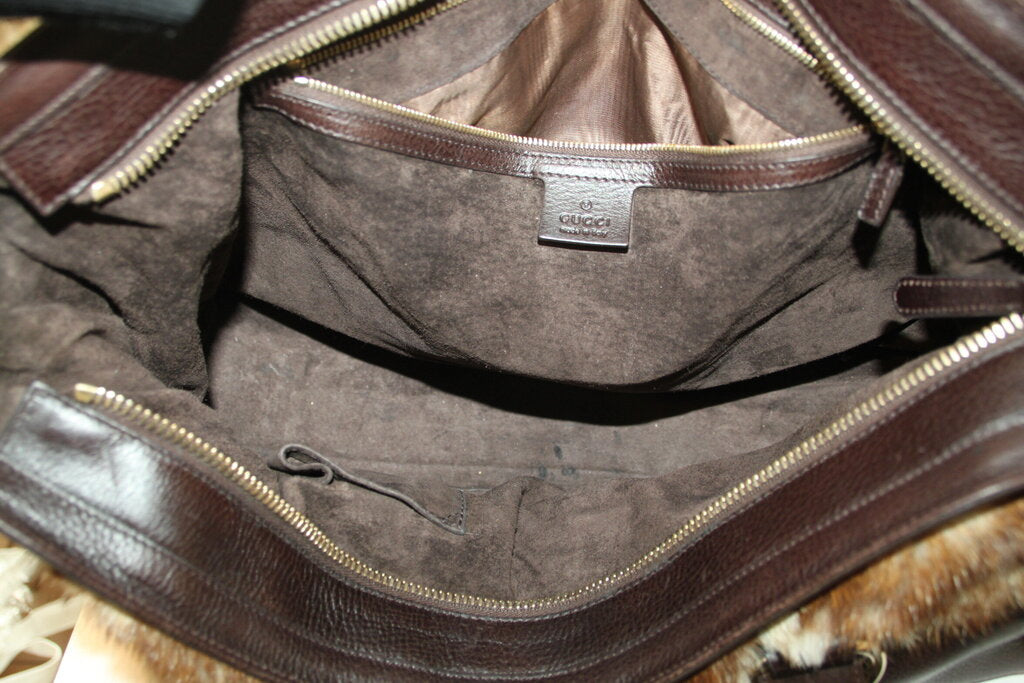 Gucci Large Signoria Brown Leather Rabbit Fur Tote Bag