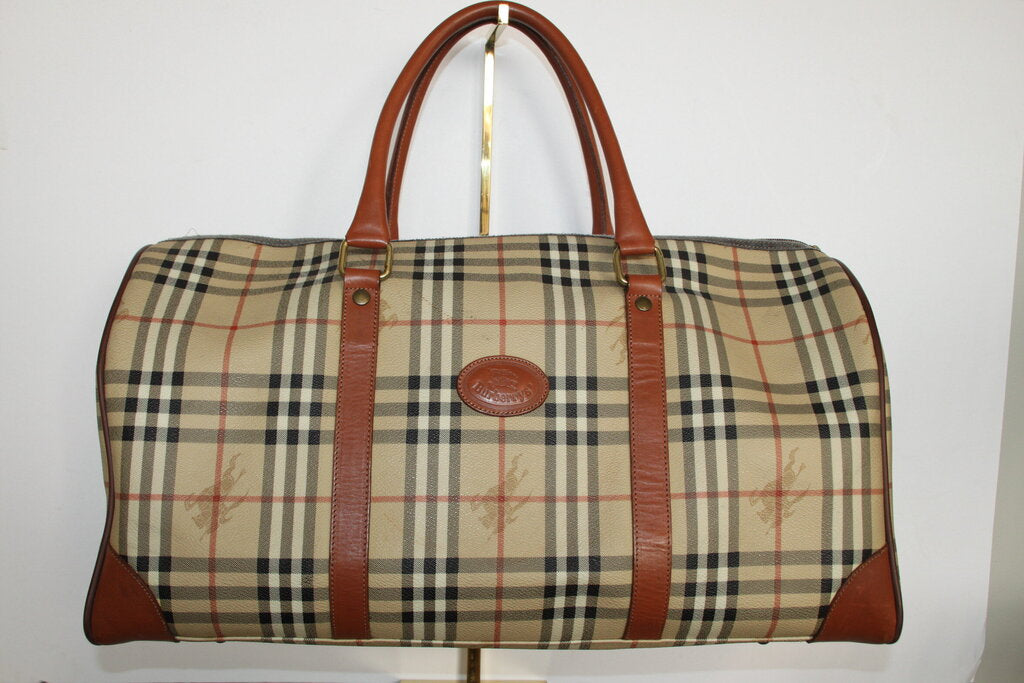 Burberry Nova Check PVC Leather Boston Travel Luggage Bag W Strap