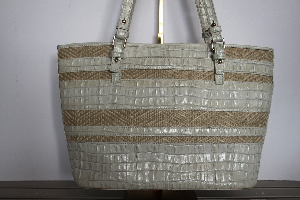 Brahmin Mini Asher Tan Cream Raffia Crocodile-Embossed Leather Tote Bag