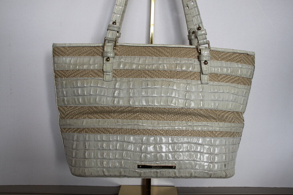 Brahmin Mini Asher Tan Cream Raffia Crocodile-Embossed Leather Tote Bag