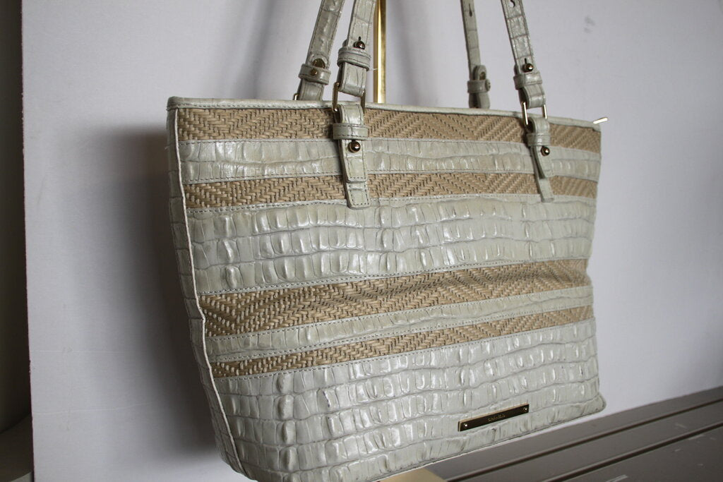 Brahmin Mini Asher Tan Cream Raffia Crocodile-Embossed Leather Tote Bag