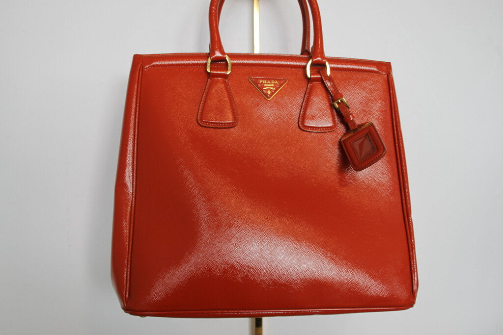 Prada Saffiano Lux Leather Parabole Tote Orange Leather Handbag
