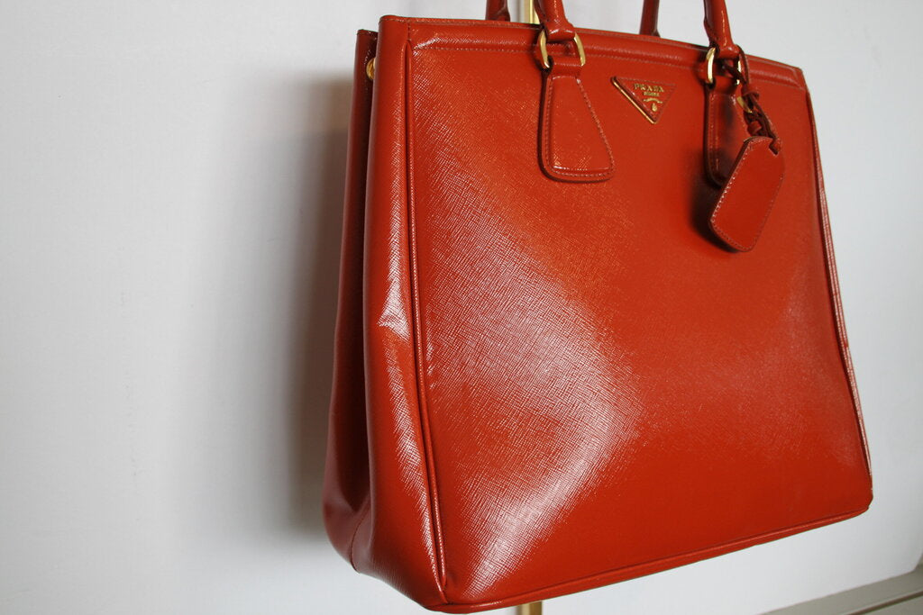 Prada Saffiano Lux Leather Parabole Tote Orange Leather Handbag
