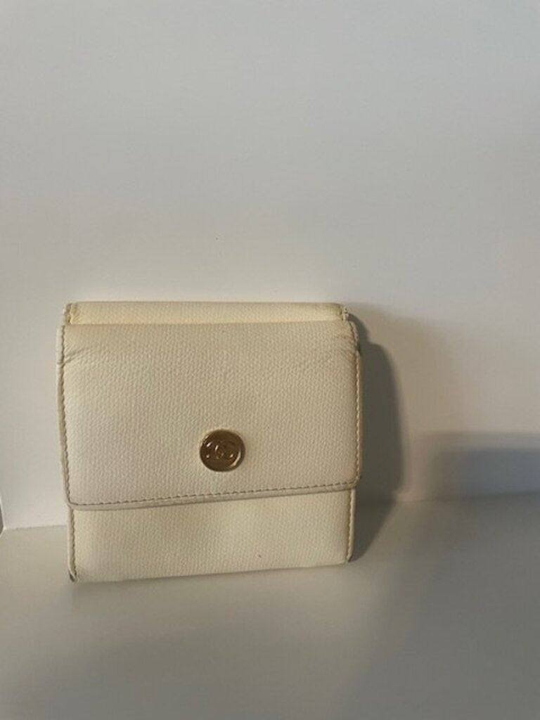 Chanel Coco Button Beige Leather Trifold Compact Wallet