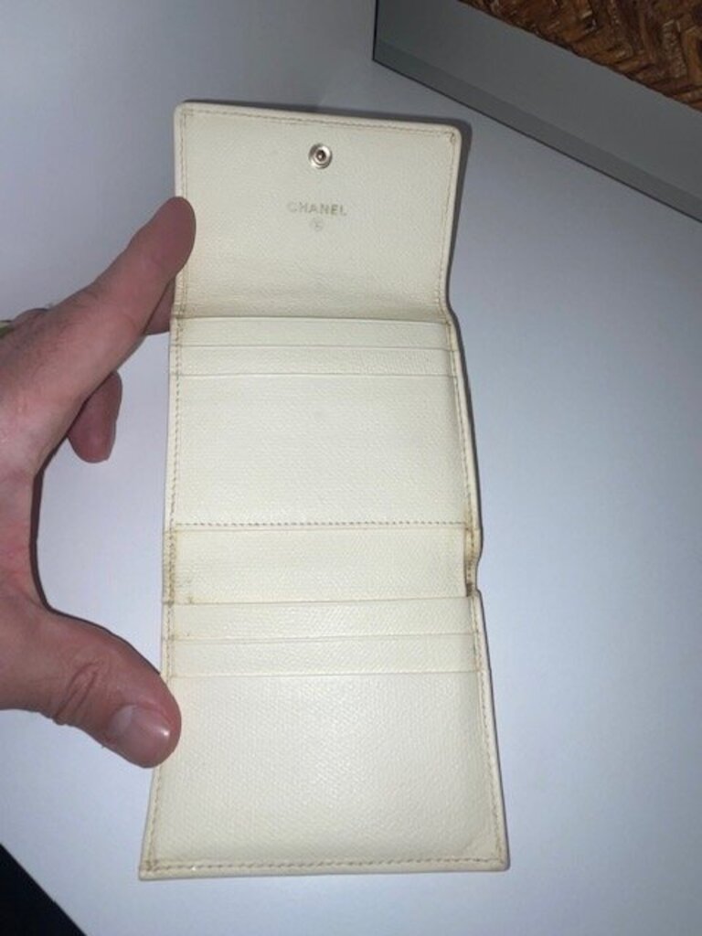 Chanel Coco Button Beige Leather Trifold Compact Wallet