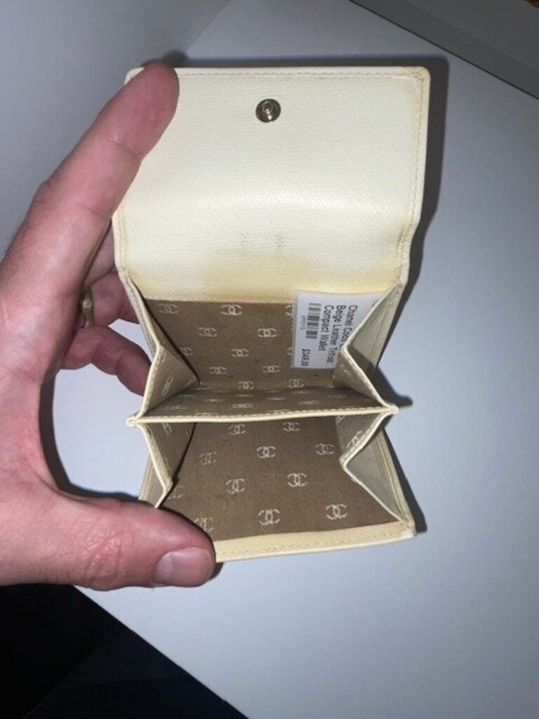 Chanel Coco Button Beige Leather Trifold Compact Wallet